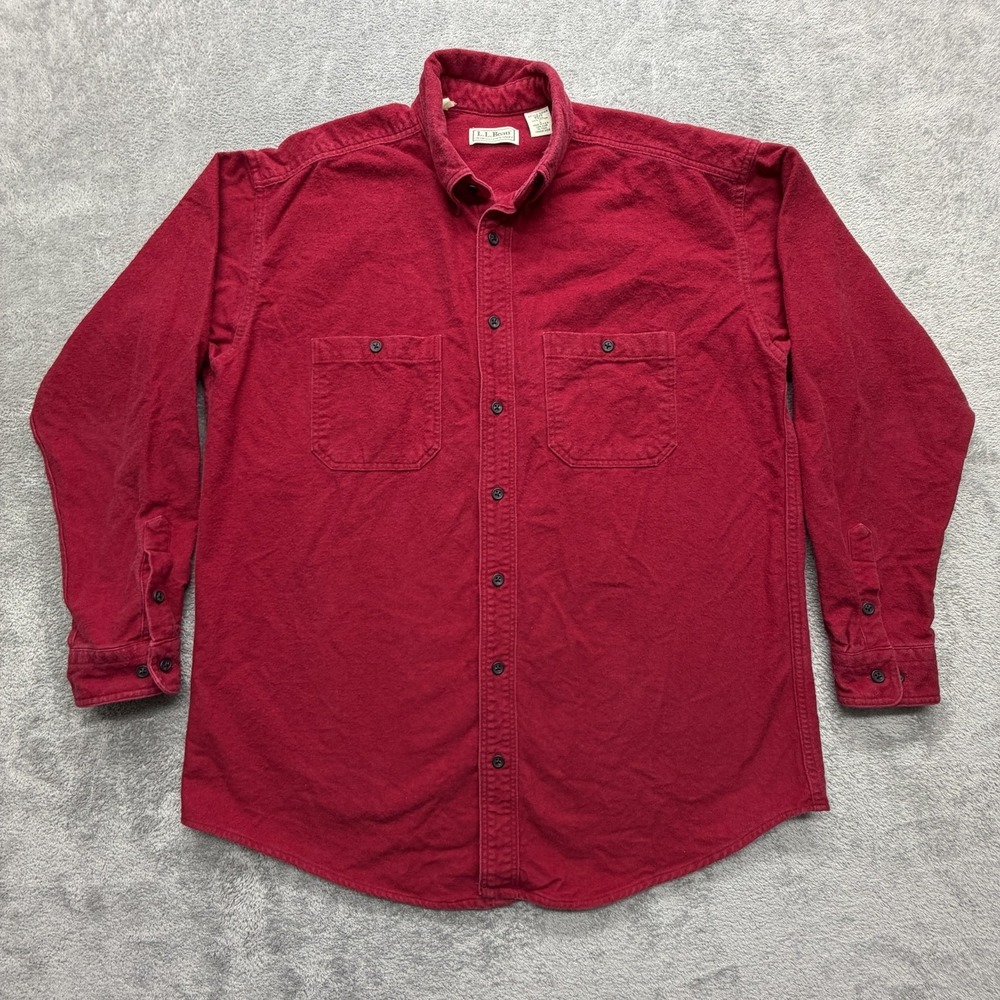 L.L. Bean Shirt Mens LT Red Flannel Long Sleeve Button-Up Chamois‎ Cloth Casual